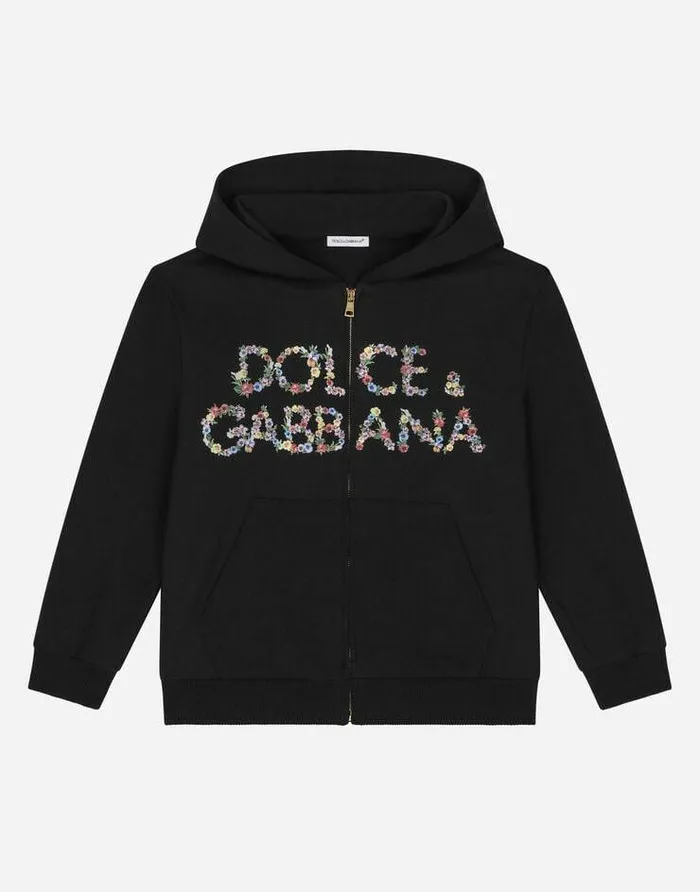 Dolce and Gabbana TShirts And Sweatshirts Children Jersey Hoodie With Logo Print Black