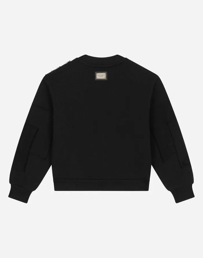 Dolce and Gabbana TShirts And Sweatshirts Children Jersey Roundneck Sweatshirt With Patchwork Black