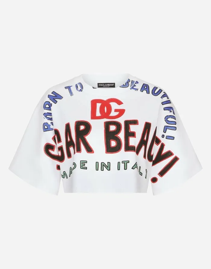 Dolce and Gabbana TShirts And Sweatshirts Women Cropped Jersey Tshirt With DolceandGabbana Lettering White