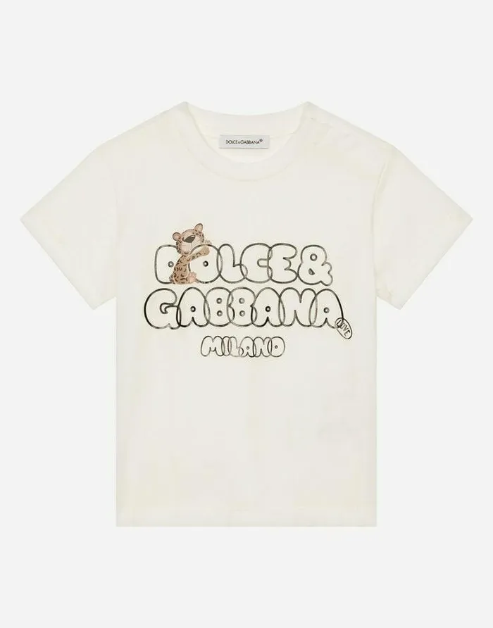 Dolce and Gabbana Topwear Children Jersey Tshirt With Baby Leopard Logo Print White