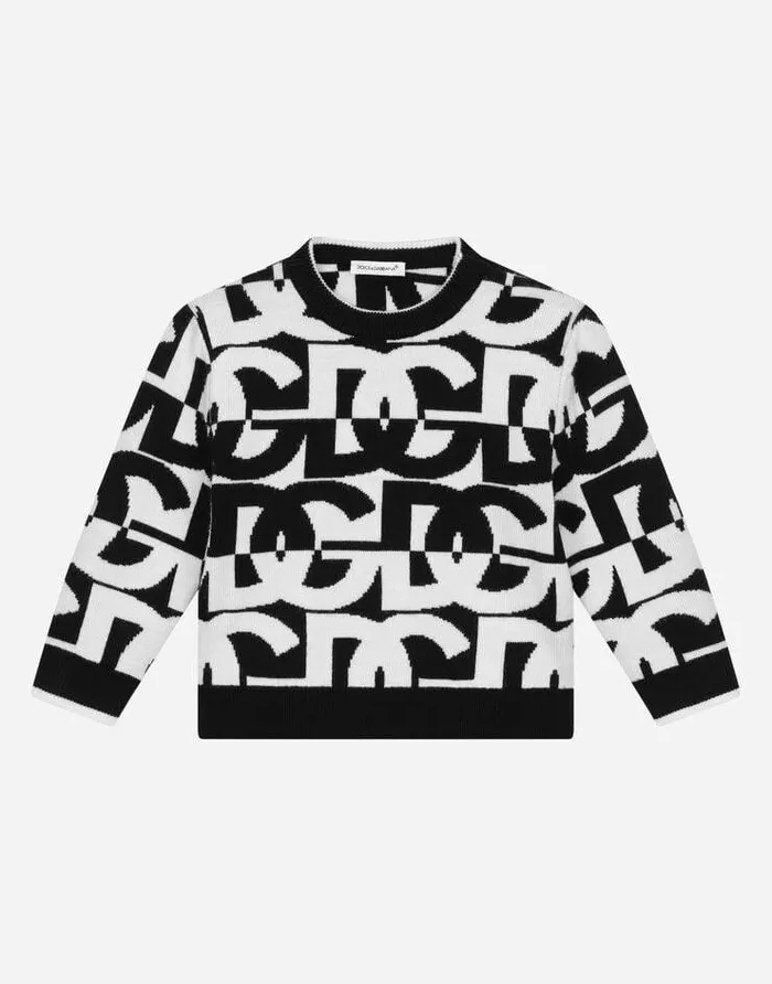 Dolce and Gabbana Topwear Children Roundneck Sweater With Jacquard DG Logo Multicolor