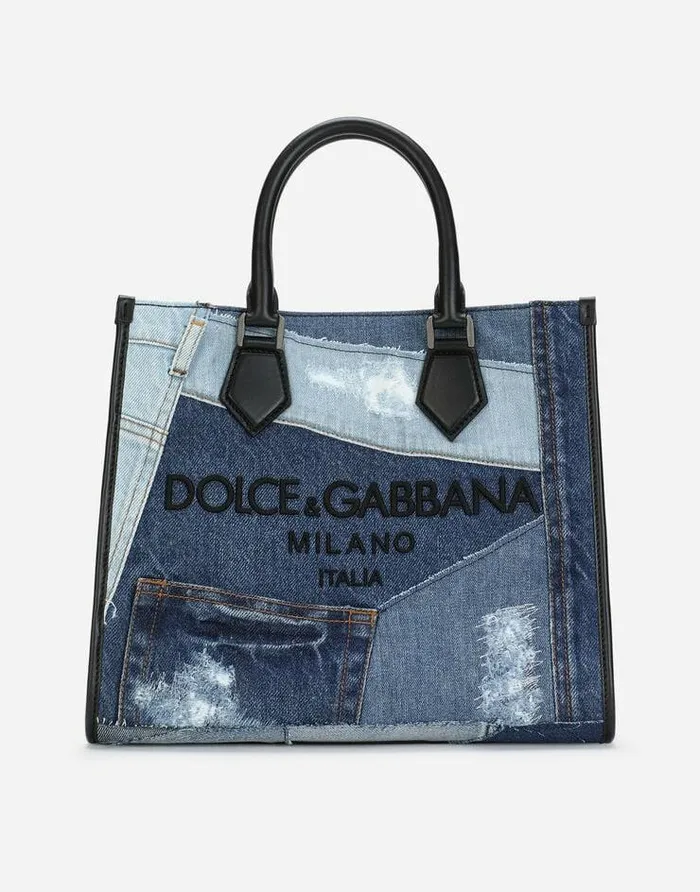 Dolce and Gabbana Totes WomenMen Denim Patchwork Edge Shopper With Logo Multicolor