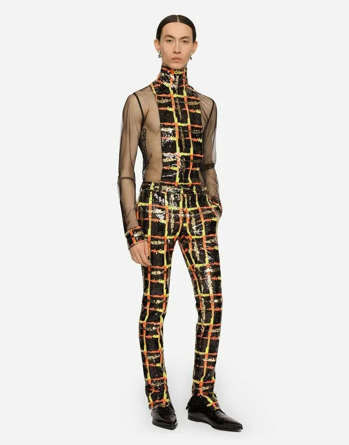 Dolce and Gabbana Trousers And Shorts Men Sequined Checked Pants Multicolor Dolce and Gabbana Trousers And Shorts Men Sequined Checked Pants Multicolor