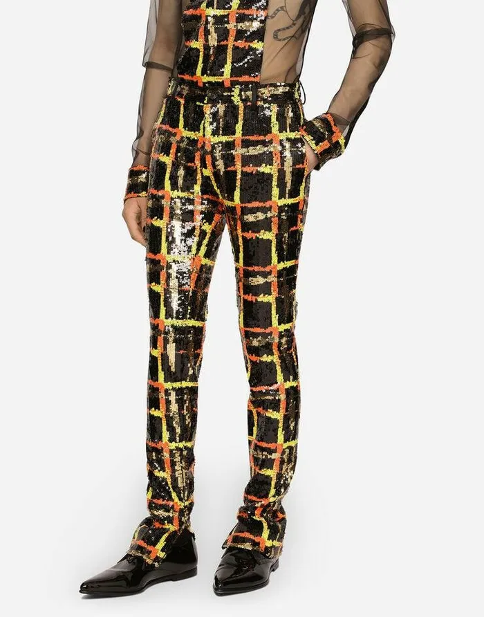 Dolce and Gabbana Trousers And Shorts Men Sequined Checked Pants Multicolor Dolce and Gabbana Trousers And Shorts Men Sequined Checked Pants Multicolor