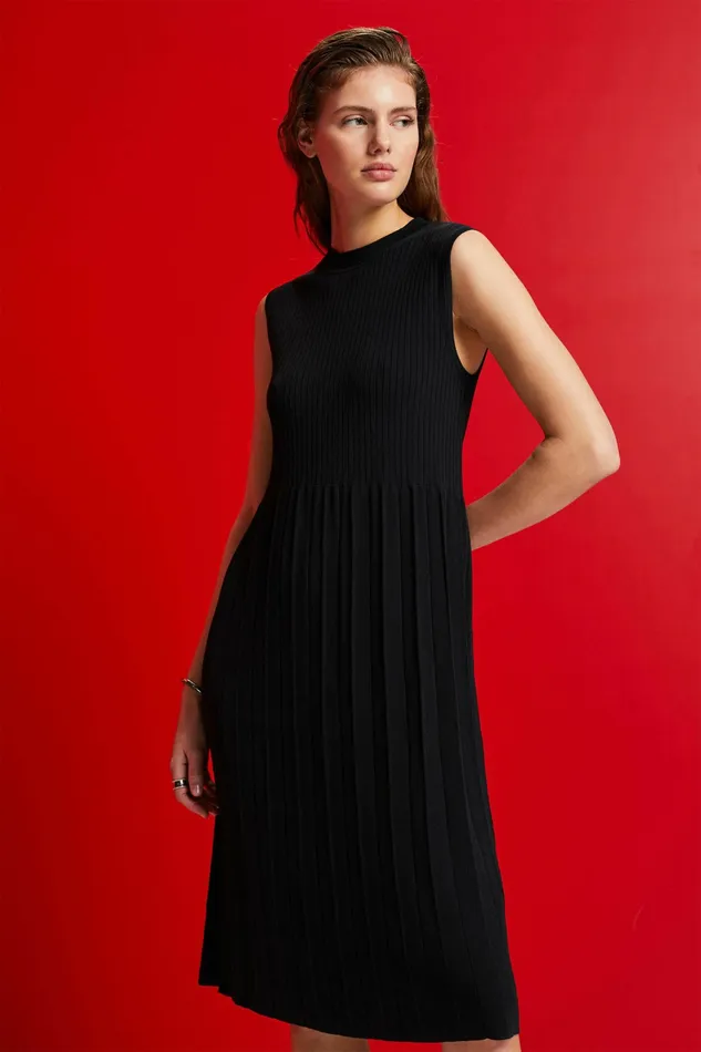 Dresses Jumpsuits Women Esprit Pleated And Sleeveless Maxi Dress With Crewneck Black
