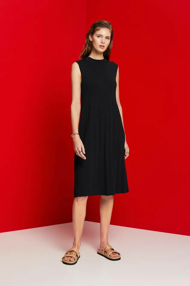 Dresses Jumpsuits Women Esprit Pleated And Sleeveless Maxi Dress With Crewneck Black