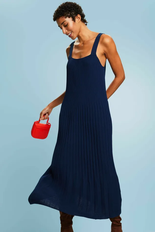 Dresses Jumpsuits Women Esprit Pleated Knit Midi Dress Navy