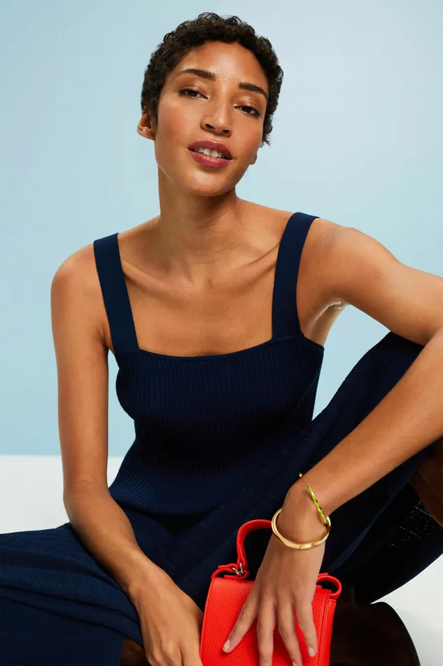 Dresses Jumpsuits Women Esprit Pleated Knit Midi Dress Navy