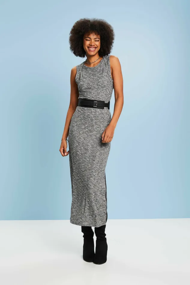 Dresses Jumpsuits Women Esprit Ribbed Melange Midi Dress Anthracite