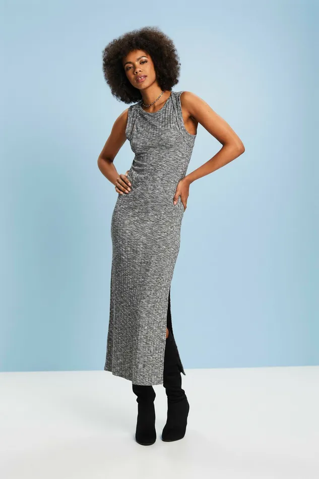 Dresses Jumpsuits Women Esprit Ribbed Melange Midi Dress Anthracite