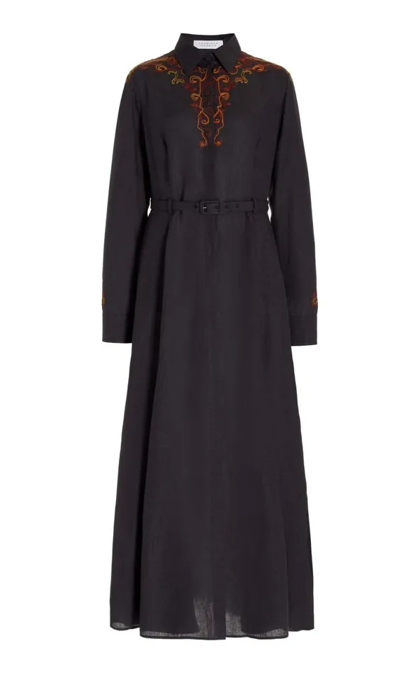 Dresses Women Gabriela Hearst Mcgraw Embroidered Shirtdress In Charcoal Aloe Linen