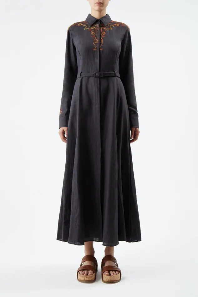 Dresses Women Gabriela Hearst Mcgraw Embroidered Shirtdress In Charcoal Aloe Linen