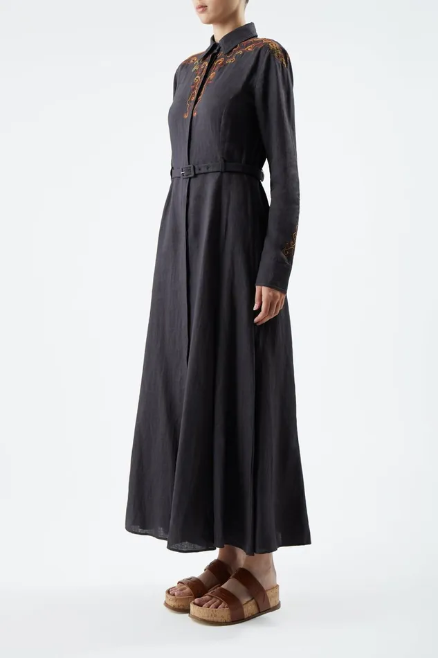 Dresses Women Gabriela Hearst Mcgraw Embroidered Shirtdress In Charcoal Aloe Linen