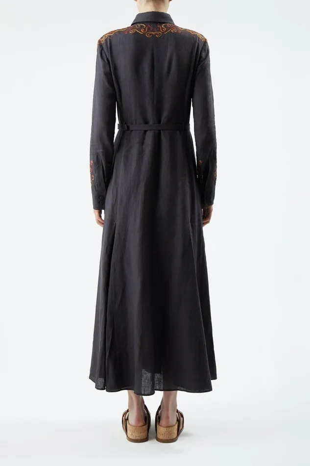 Dresses Women Gabriela Hearst Mcgraw Embroidered Shirtdress In Charcoal Aloe Linen