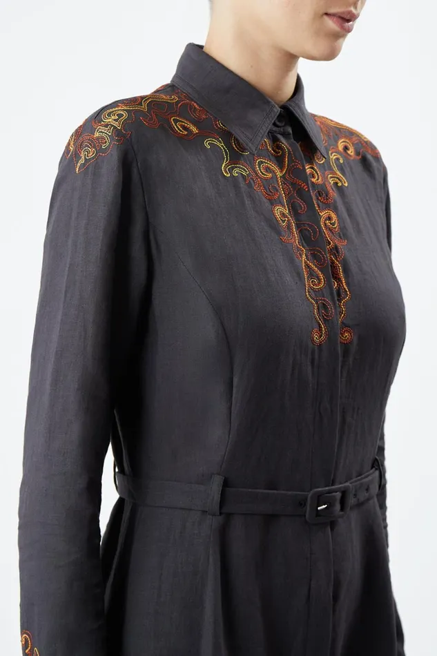 Dresses Women Gabriela Hearst Mcgraw Embroidered Shirtdress In Charcoal Aloe Linen