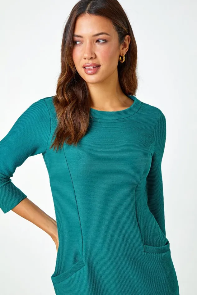Forest Ribbed Pocket Detail Shift Stretch Dress Women Roman Dresses