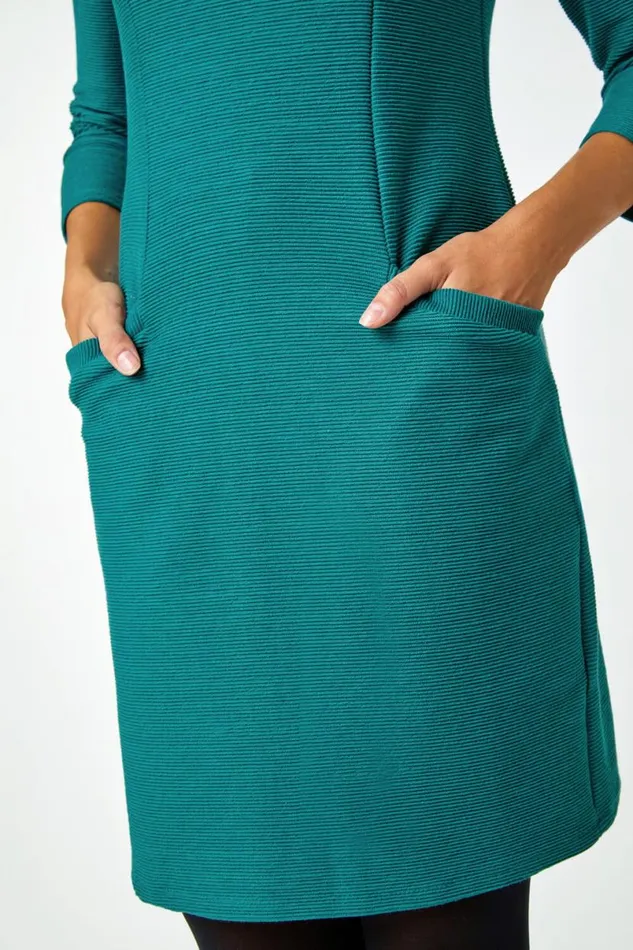 Forest Ribbed Pocket Detail Shift Stretch Dress Women Roman Dresses