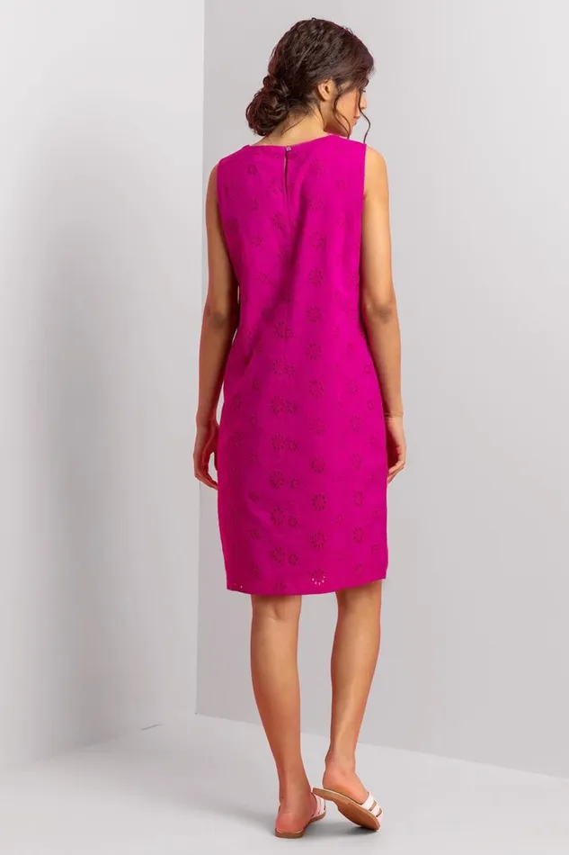 Fuchsia Broderie Detail Sleeveless Shift Dress Women Roman Dresses