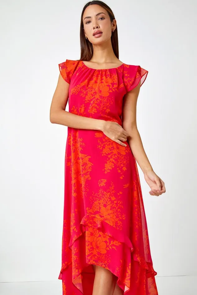 Fuchsia Floral Frill Detail Chiffon Midi Dress Women Roman Dresses