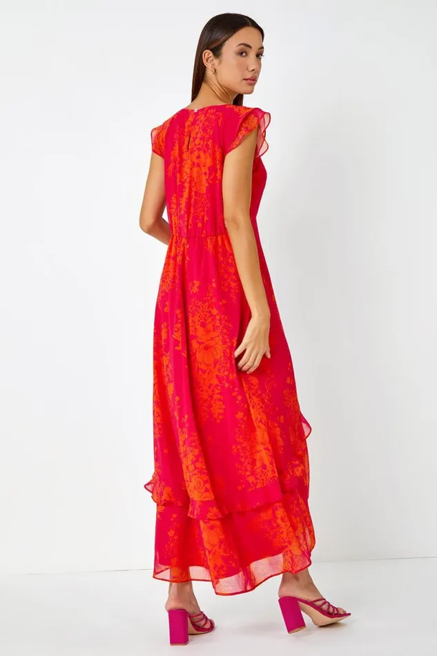 Fuchsia Floral Frill Detail Chiffon Midi Dress Women Roman Dresses