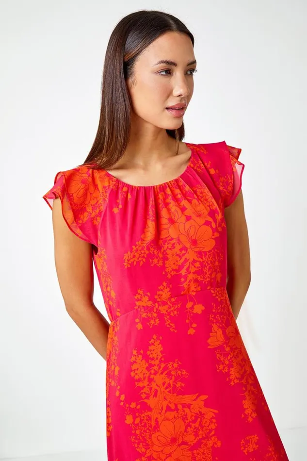 Fuchsia Floral Frill Detail Chiffon Midi Dress Women Roman Dresses