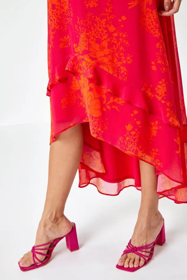 Fuchsia Floral Frill Detail Chiffon Midi Dress Women Roman Dresses
