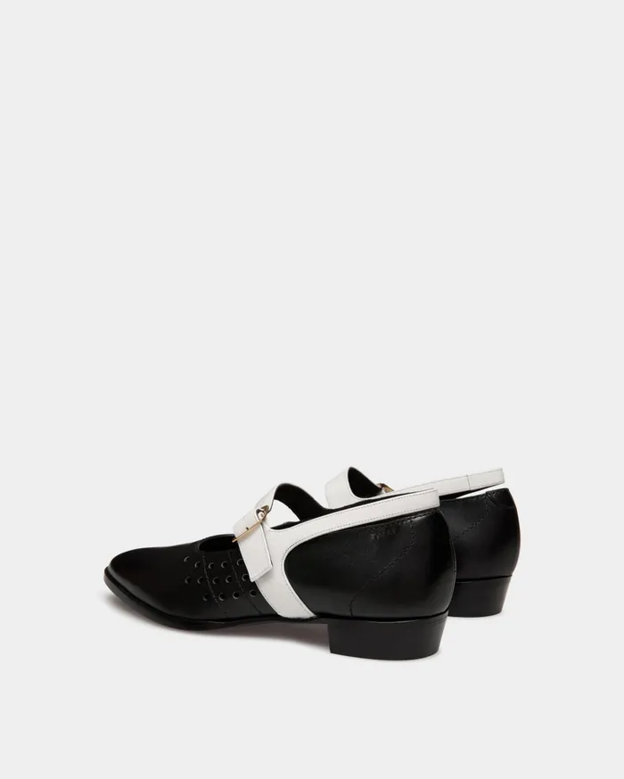 Glendale MaryJane In Black And White Leather Women Bally Flats and Moccasins