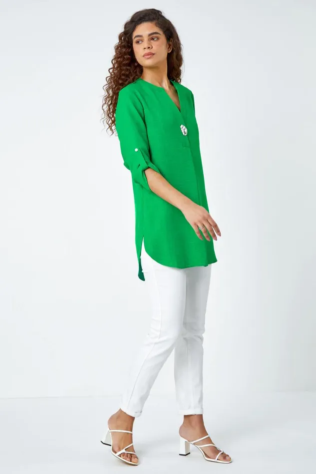 Green Button Detail VNeck Longline Tunic Blouse Women Roman Tops