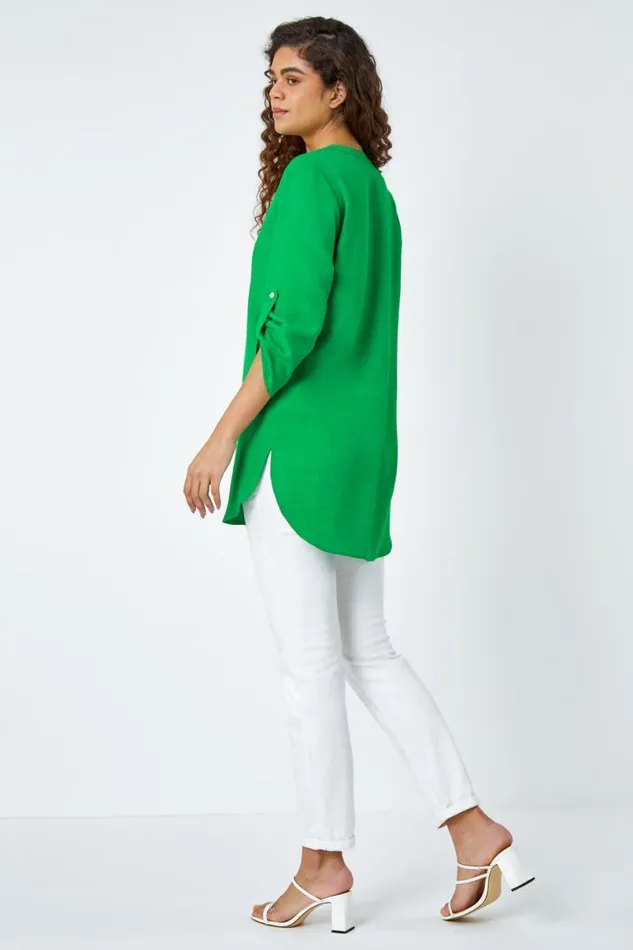 Green Button Detail VNeck Longline Tunic Blouse Women Roman Tops
