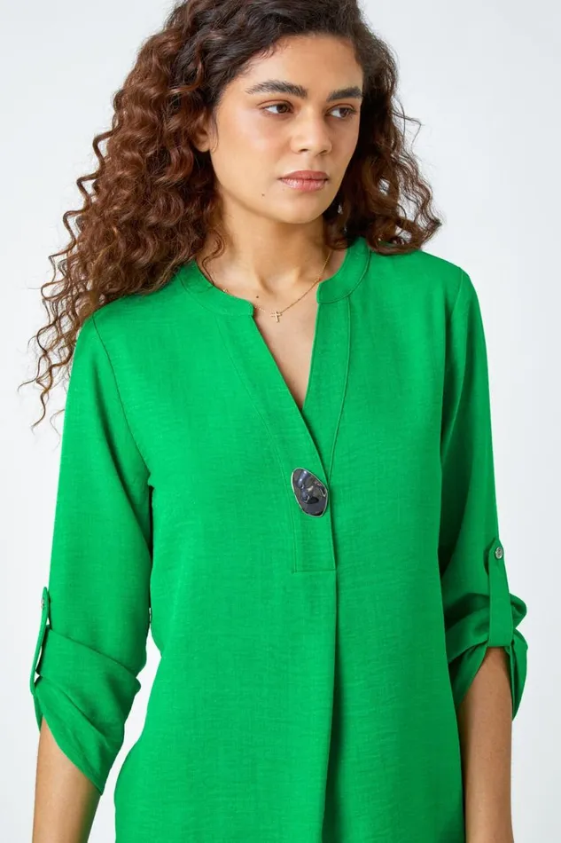 Green Button Detail VNeck Longline Tunic Blouse Women Roman Tops