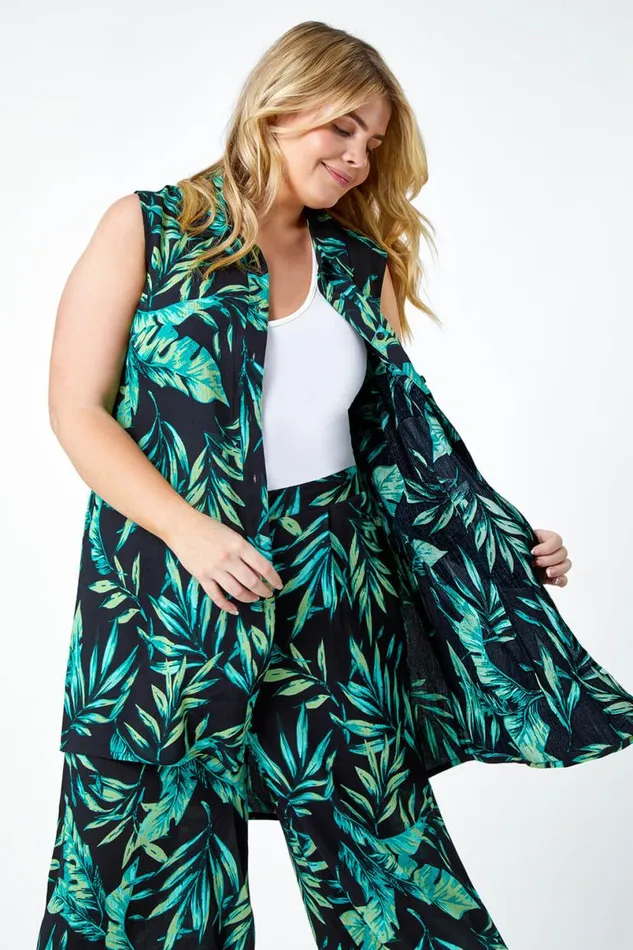 Green Curve Leaf Print Sleeveless Longline Tunic Shirt Women Roman Tops