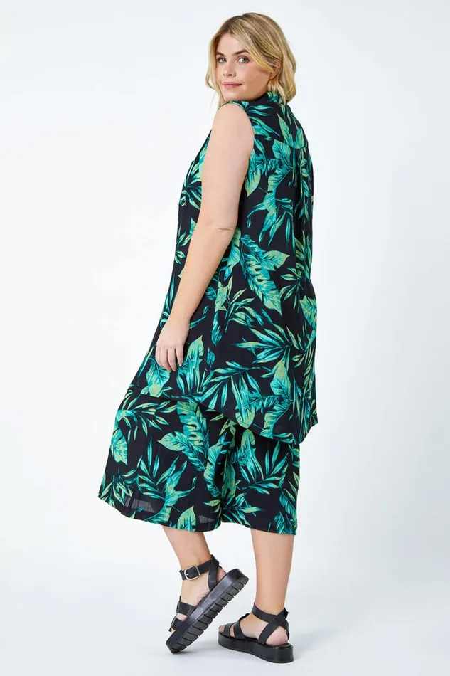 Green Curve Leaf Print Sleeveless Longline Tunic Shirt Women Roman Tops