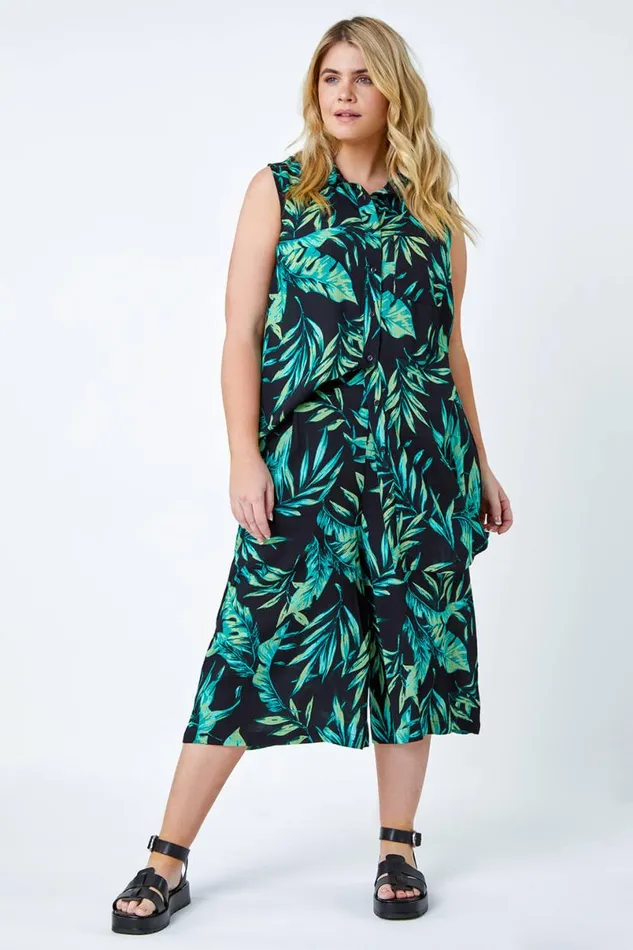 Green Curve Leaf Print Sleeveless Longline Tunic Shirt Women Roman Tops