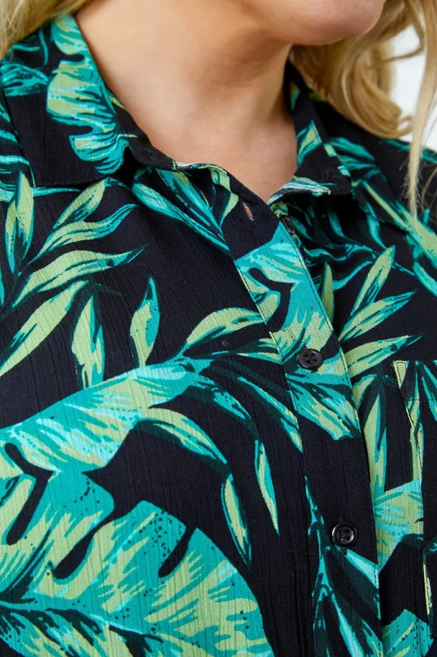 Green Curve Leaf Print Sleeveless Longline Tunic Shirt Women Roman Tops