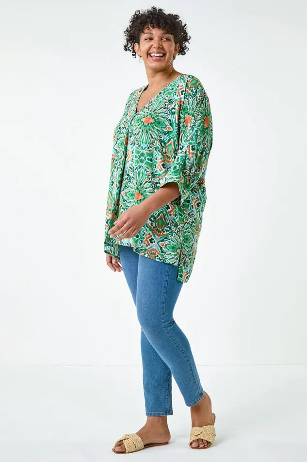 Green Curve Printed Pleat Front Top Women Roman Tops