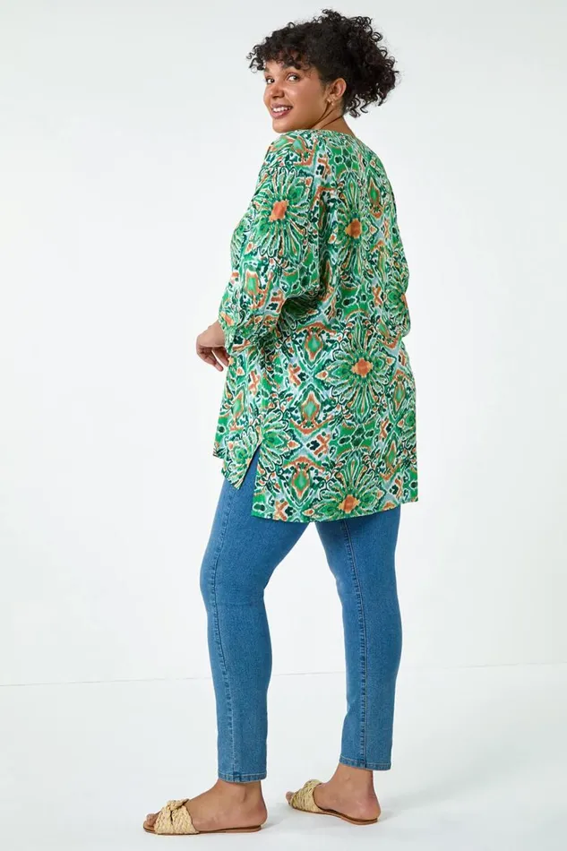 Green Curve Printed Pleat Front Top Women Roman Tops