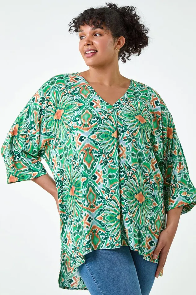 Green Curve Printed Pleat Front Top Women Roman Tops