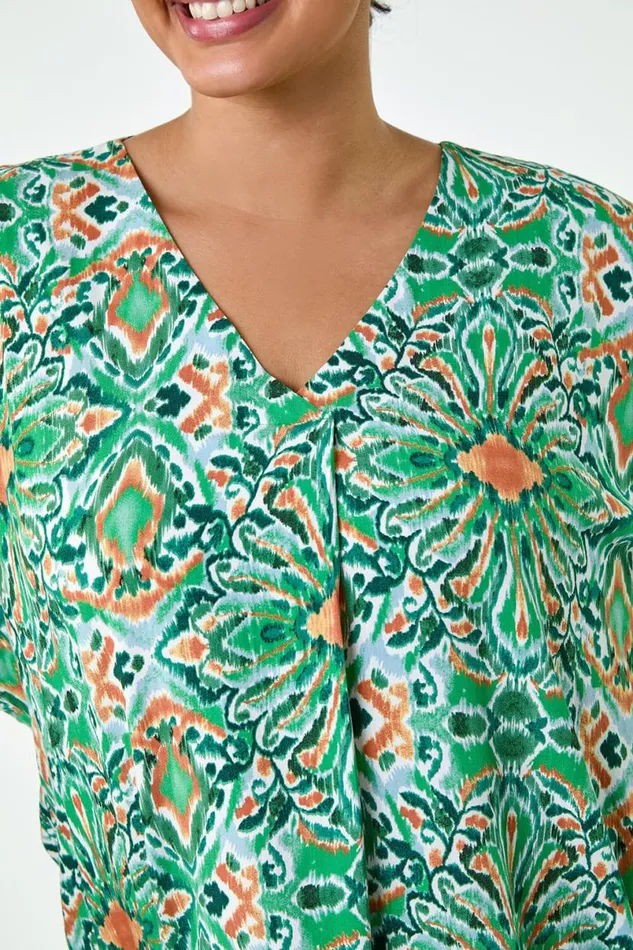 Green Curve Printed Pleat Front Top Women Roman Tops
