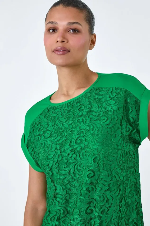 Green Lace Panel Stretch Jersey Top Women Roman Tops