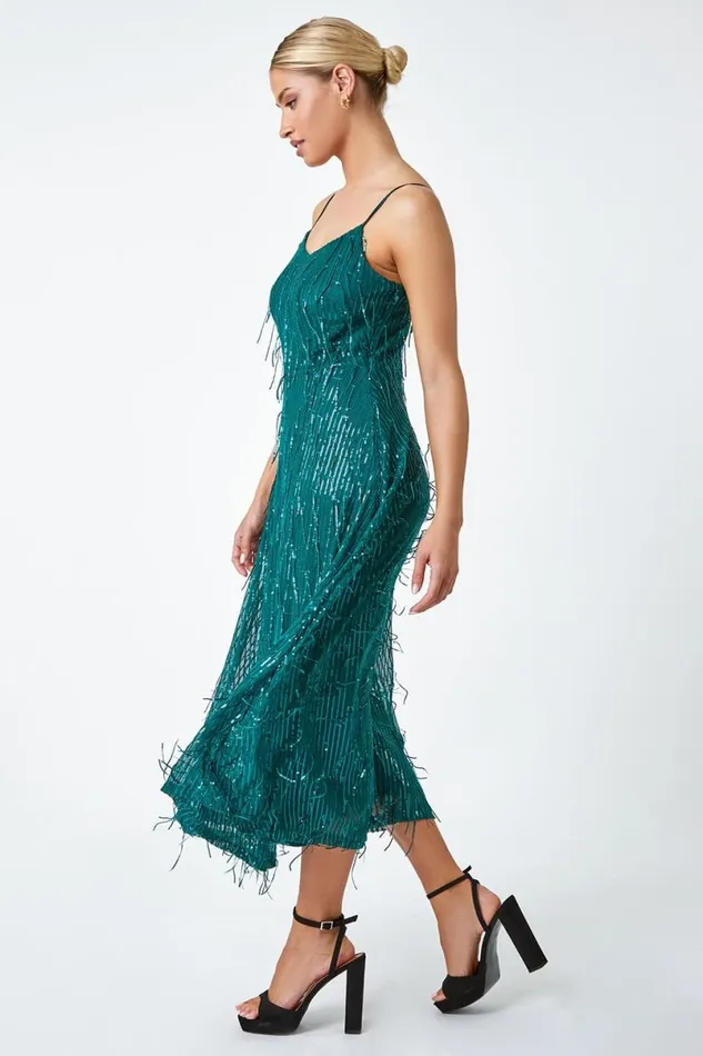 Green Sequin Tassel Midi Stretch Dress Women Roman Dresses