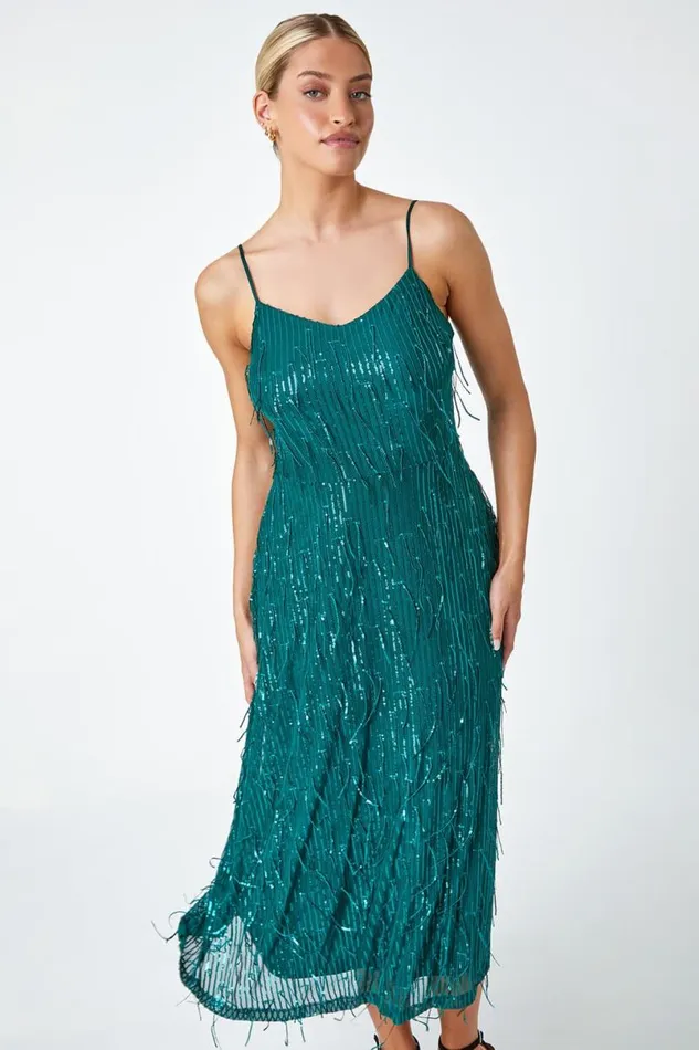 Green Sequin Tassel Midi Stretch Dress Women Roman Dresses