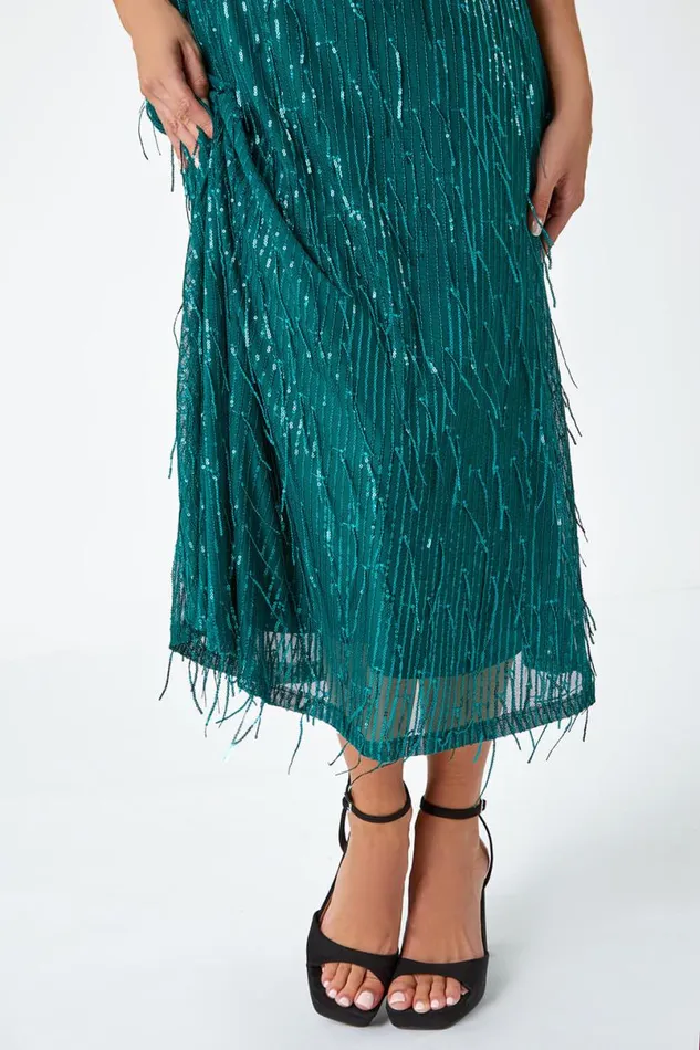 Green Sequin Tassel Midi Stretch Dress Women Roman Dresses