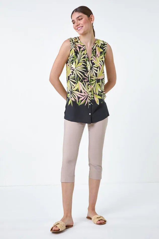 Green Sleeveless Leaf Print Blouse Women Roman Tops