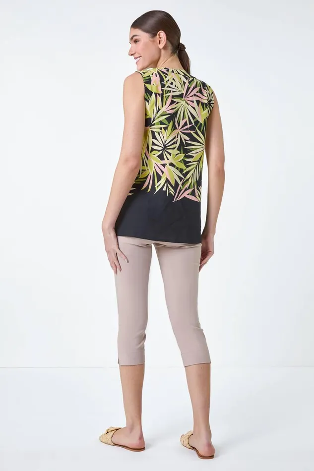 Green Sleeveless Leaf Print Blouse Women Roman Tops