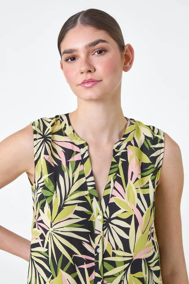 Green Sleeveless Leaf Print Blouse Women Roman Tops