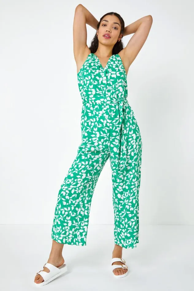 Green Sleeveless Leaf Print Button Jumpsuit Women Roman Dresses