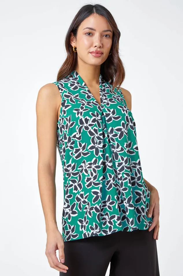 Green Sleeveless VNeck Floral Print Stretch Top Women Roman Tops