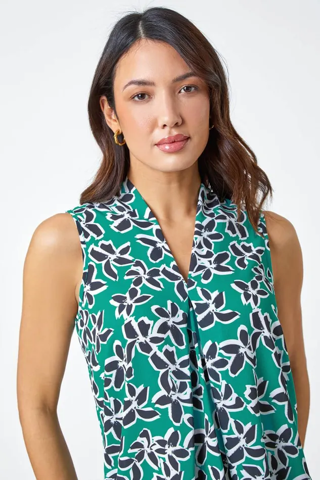 Green Sleeveless VNeck Floral Print Stretch Top Women Roman Tops