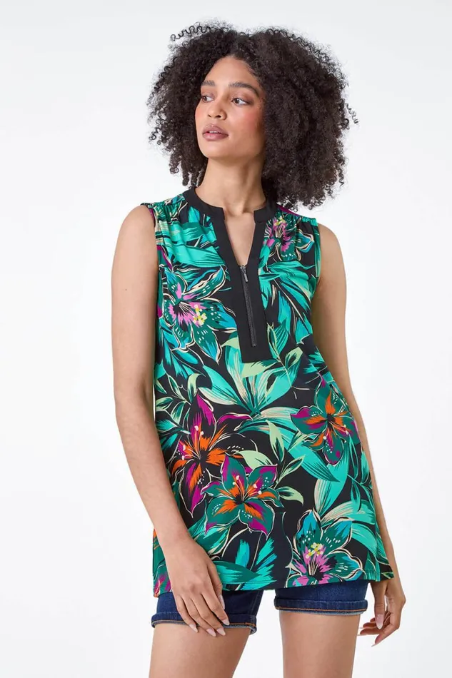 Green Sleeveless VNeck Tropical Print Zip Top Women Roman Tops