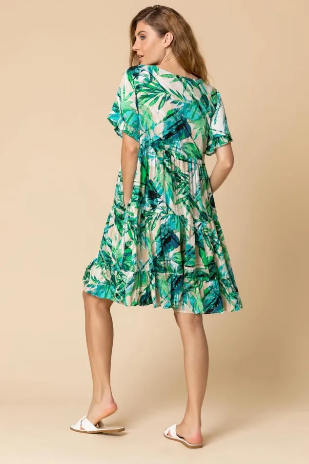 Green Tropical Print Tiered Pocket Dress Women Roman Dresses